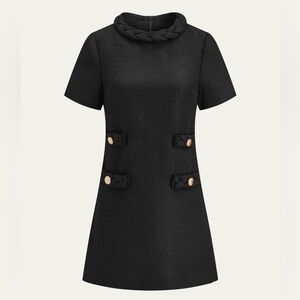 NWT Commense Black Tweed Braided Collar Short Sleeve Dress — Size L
